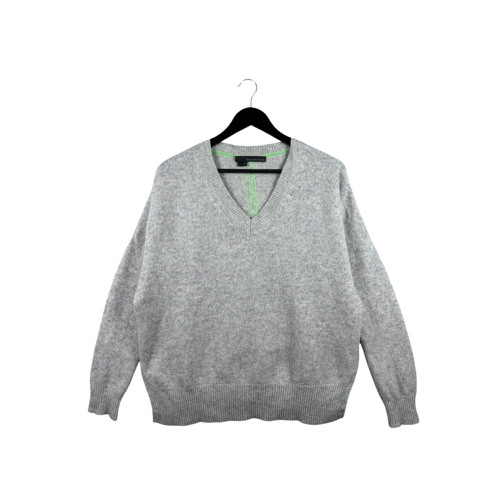 360 Cashmere‎ V-Neck Gray Women's Sz M Sweater w Green Stripe, 100% Cashmere
